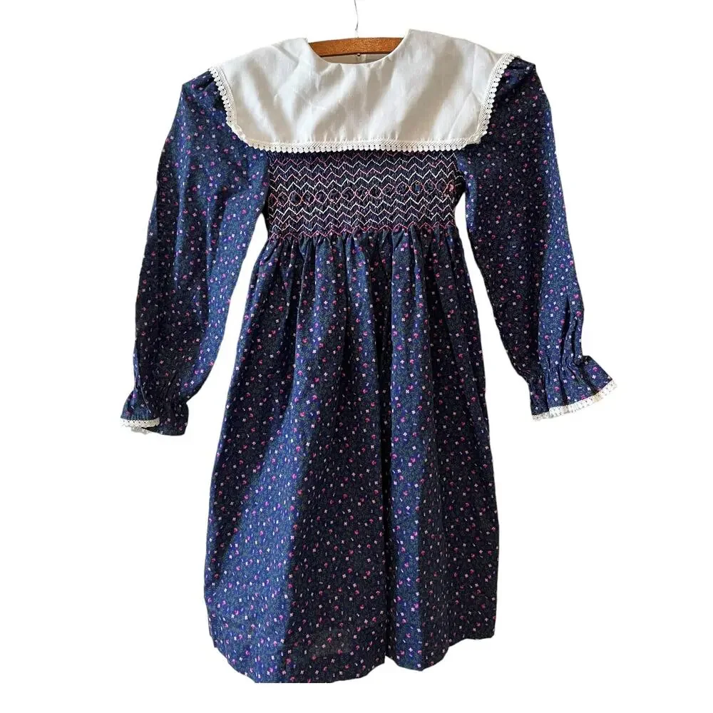 Vintage 80s Polly Flinders Girls Hand Smocked Dress Sailor Collar 7